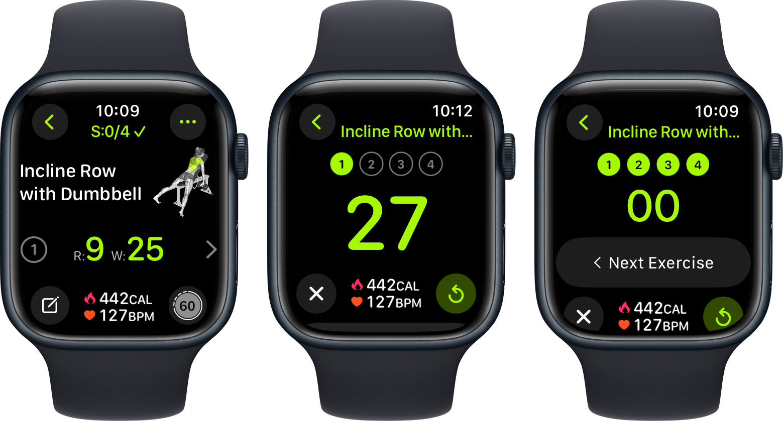 Default workout logging interface on Apple Watch showing exercise, sets, rest timer, and Predictive Action