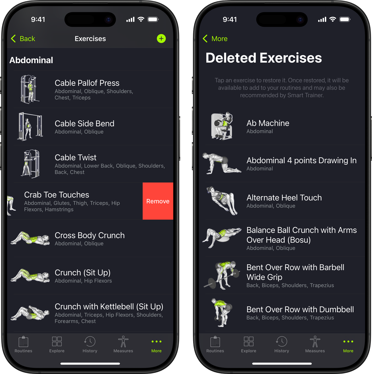Exercise management with delete and restore in SmartGym