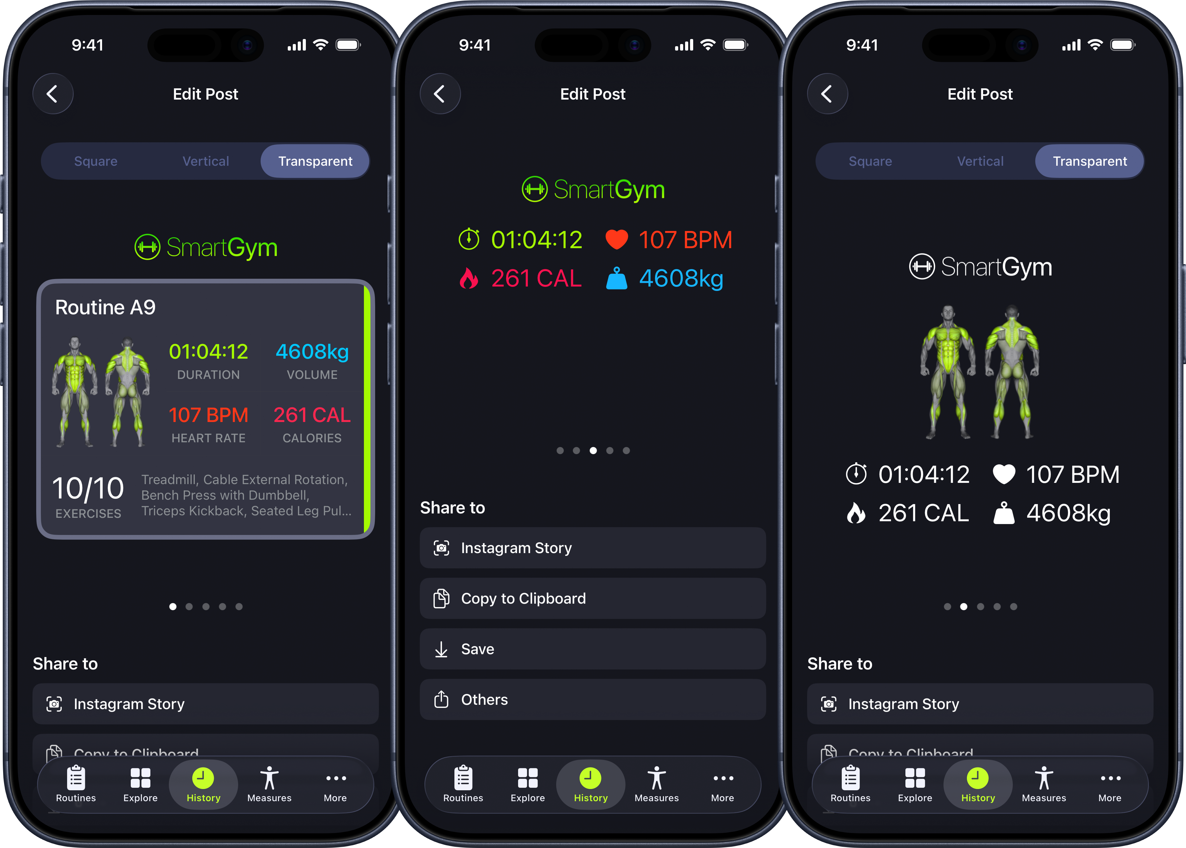 New workout sharing options with transparent backgrounds in SmartGym