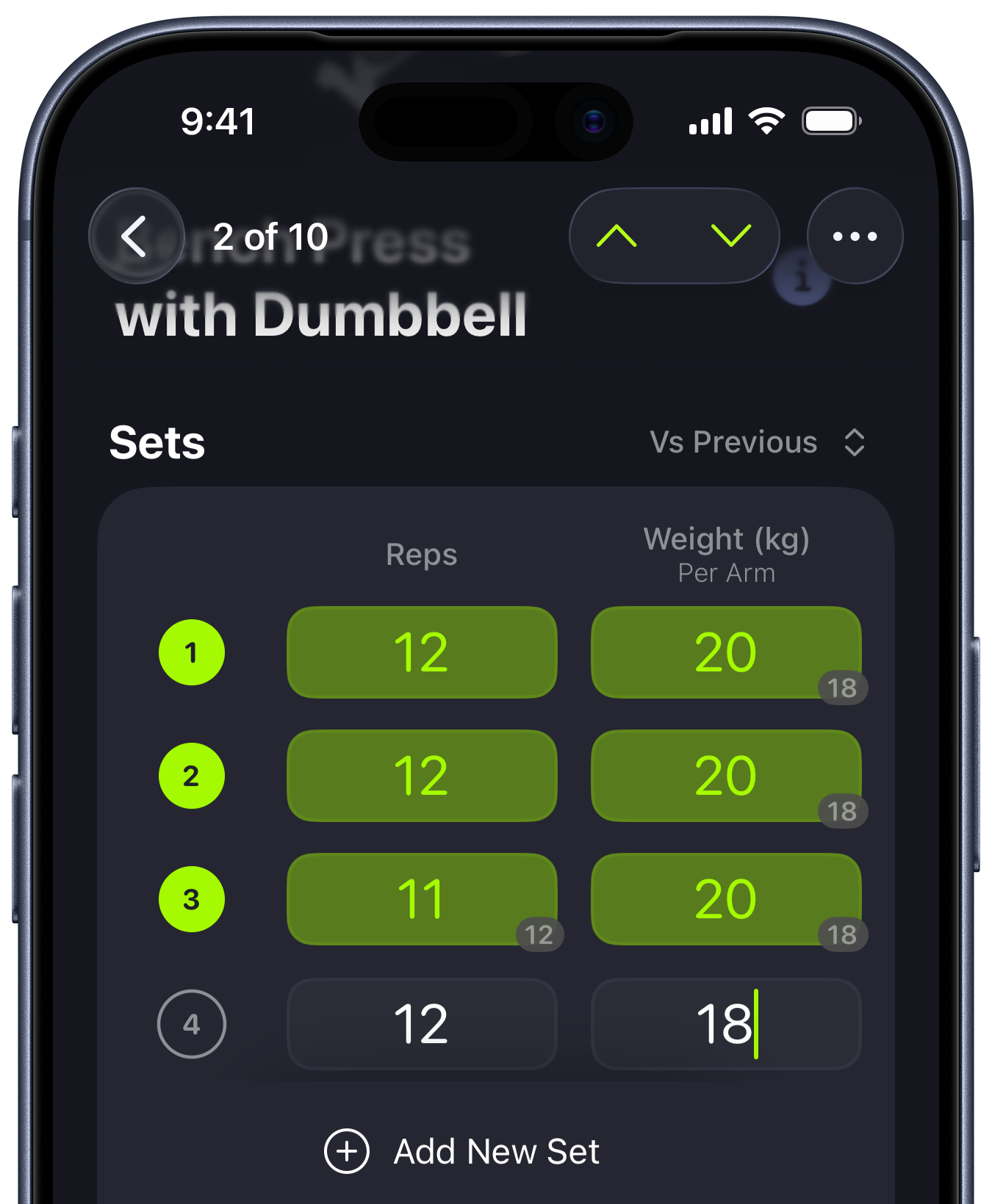 SmartGym 7.11: Inline Logging interface on iPhone